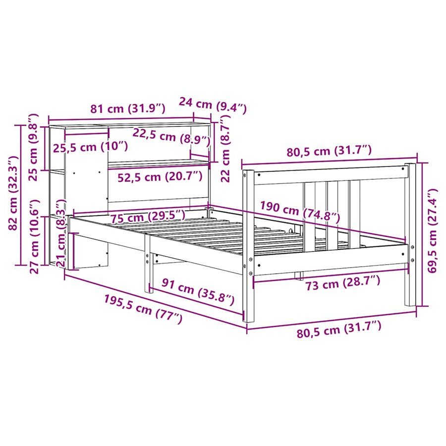 Bed Met Boekenkast Zonder Matras Massief Grenenhout 75 x 190 cm Naturel