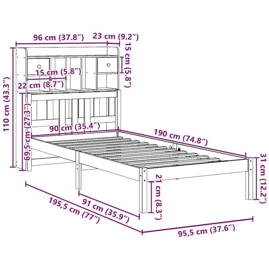 Bed Met Boekenkast Zonder Matras Massief Grenenhout 90 x 190 cm Naturel