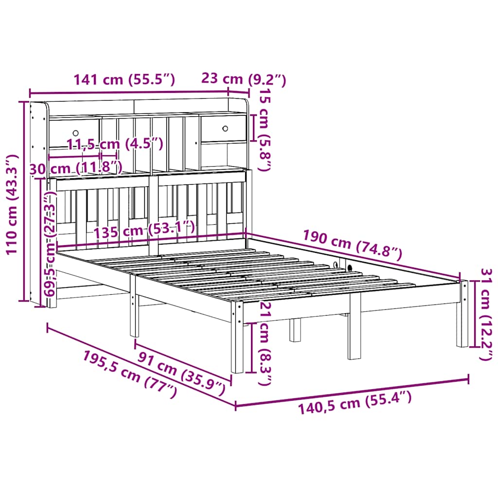 Bed Met Boekenkast Zonder Matras Massief Grenenhout 135 x 190 cm Naturel