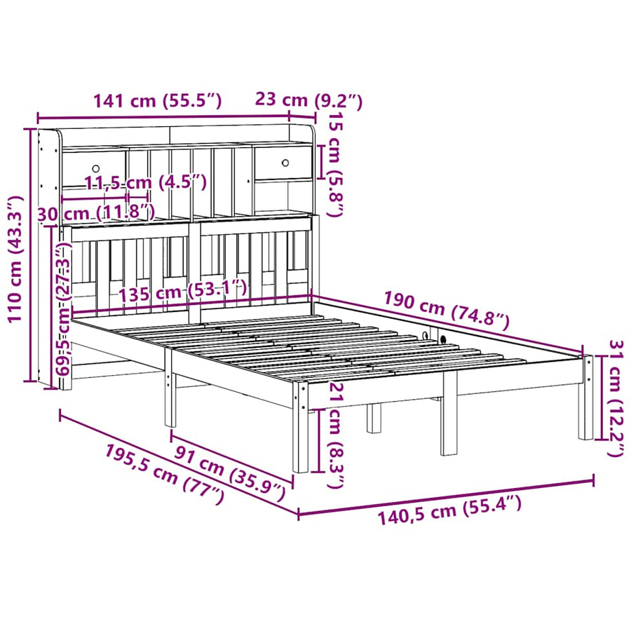 Bed Met Boekenkast Zonder Matras Massief Grenenhout 135 x 190 cm Naturel