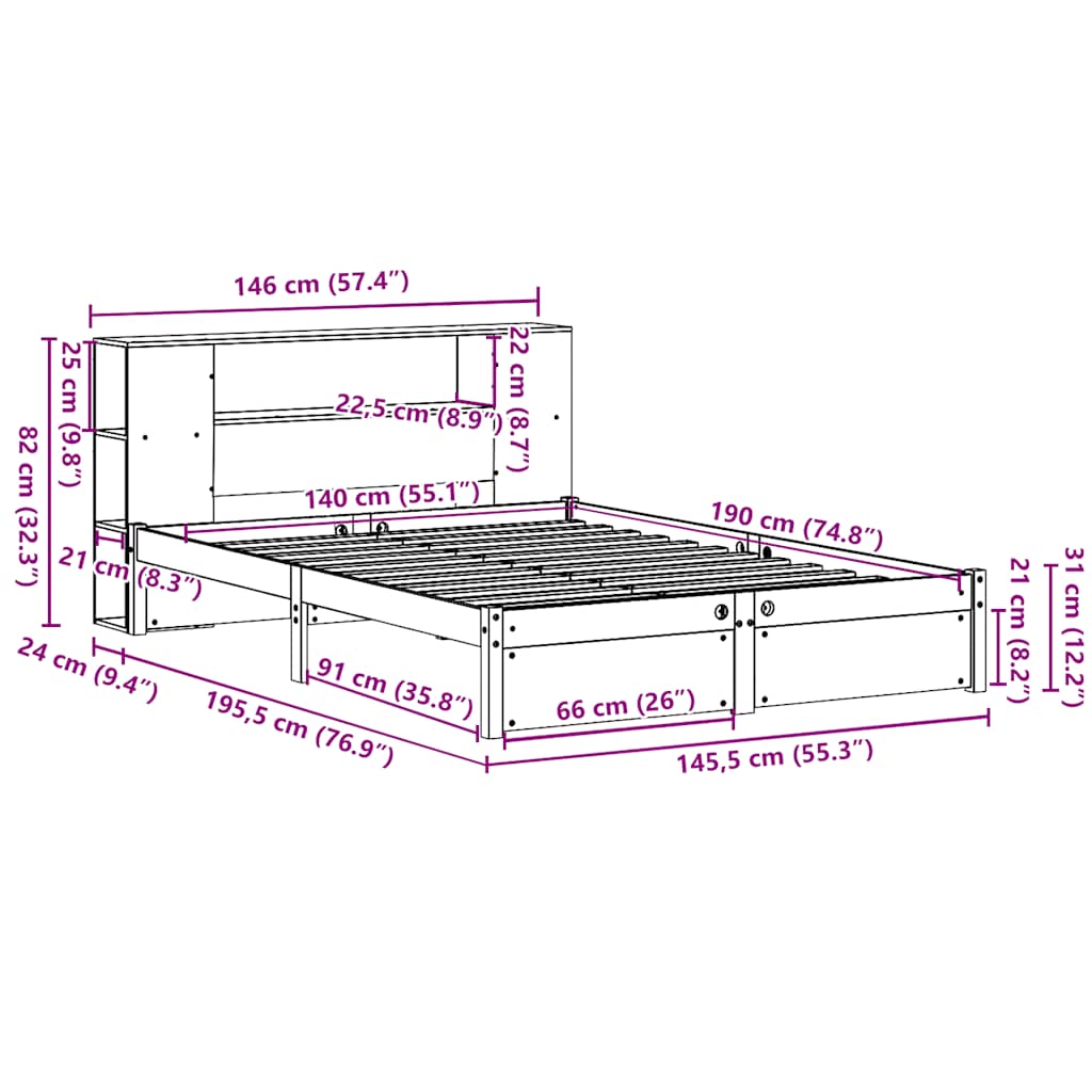Bed met boekenkast zonder matras massief grenenhout 140x190 cm