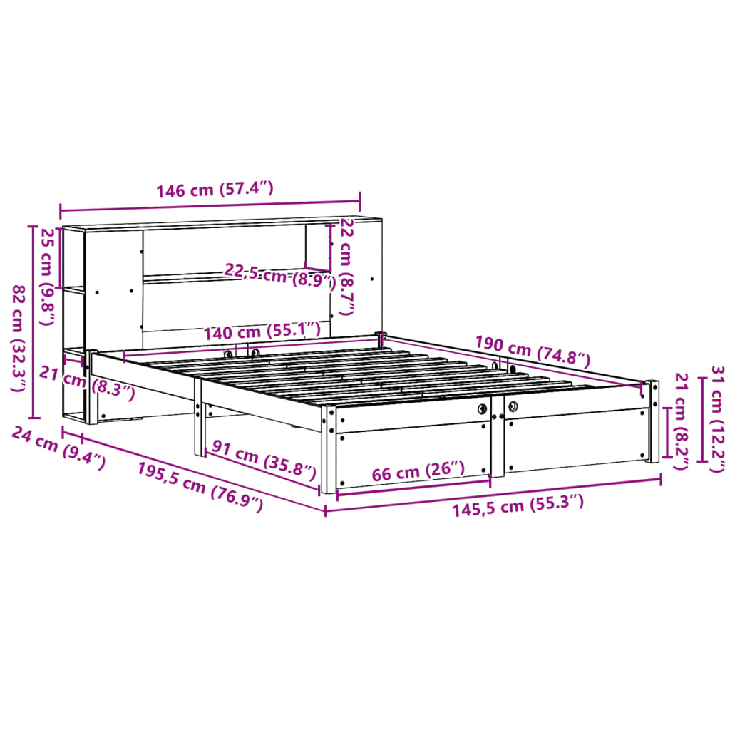 Bed met boekenkast zonder matras grenenhout wit 140x190 cm