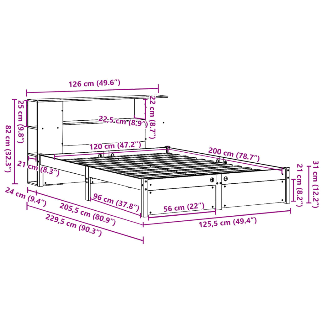 Bed met boekenkast zonder matras massief grenenhout 120x200 cm