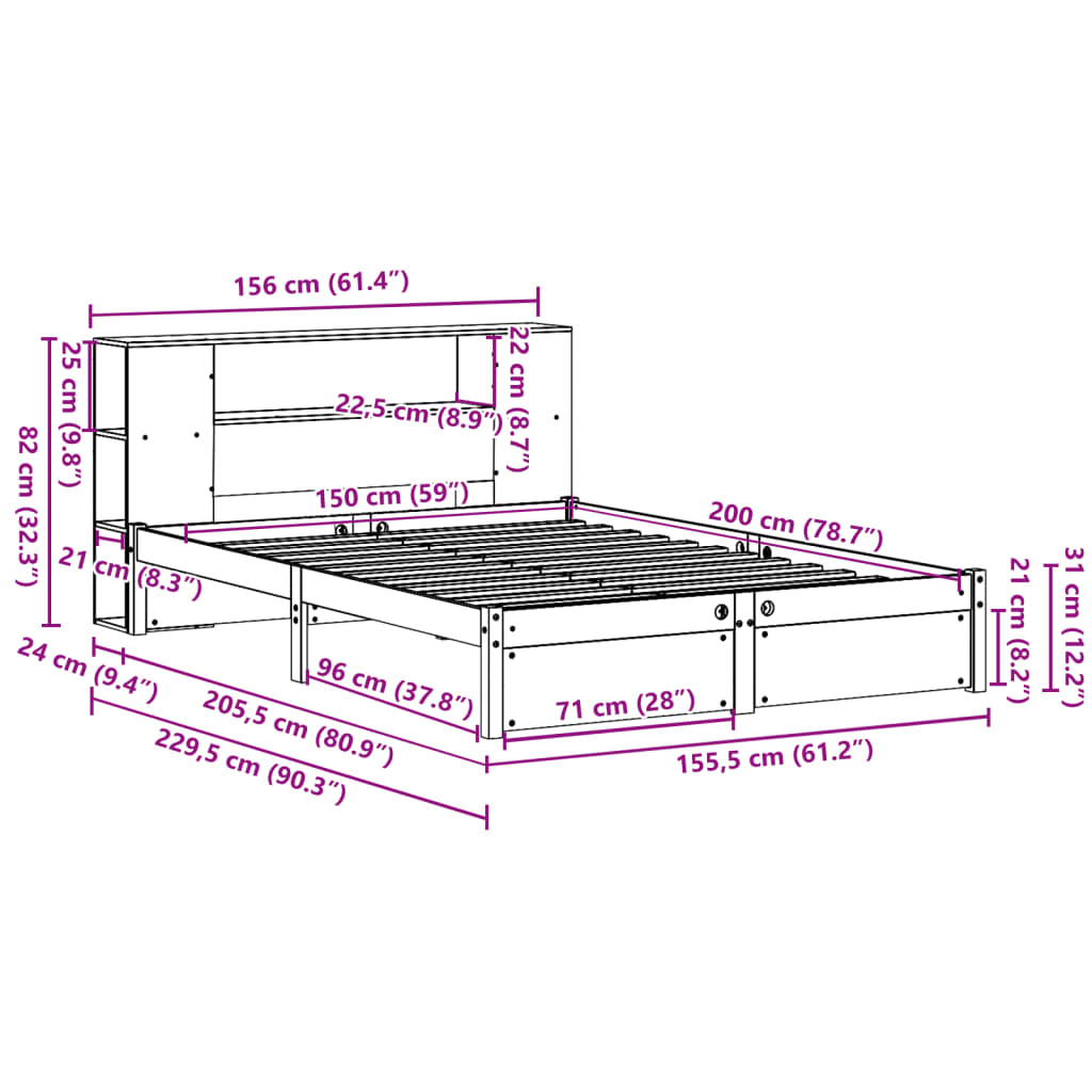 Bed met boekenkast zonder matras grenenhout wit 150x200 cm
