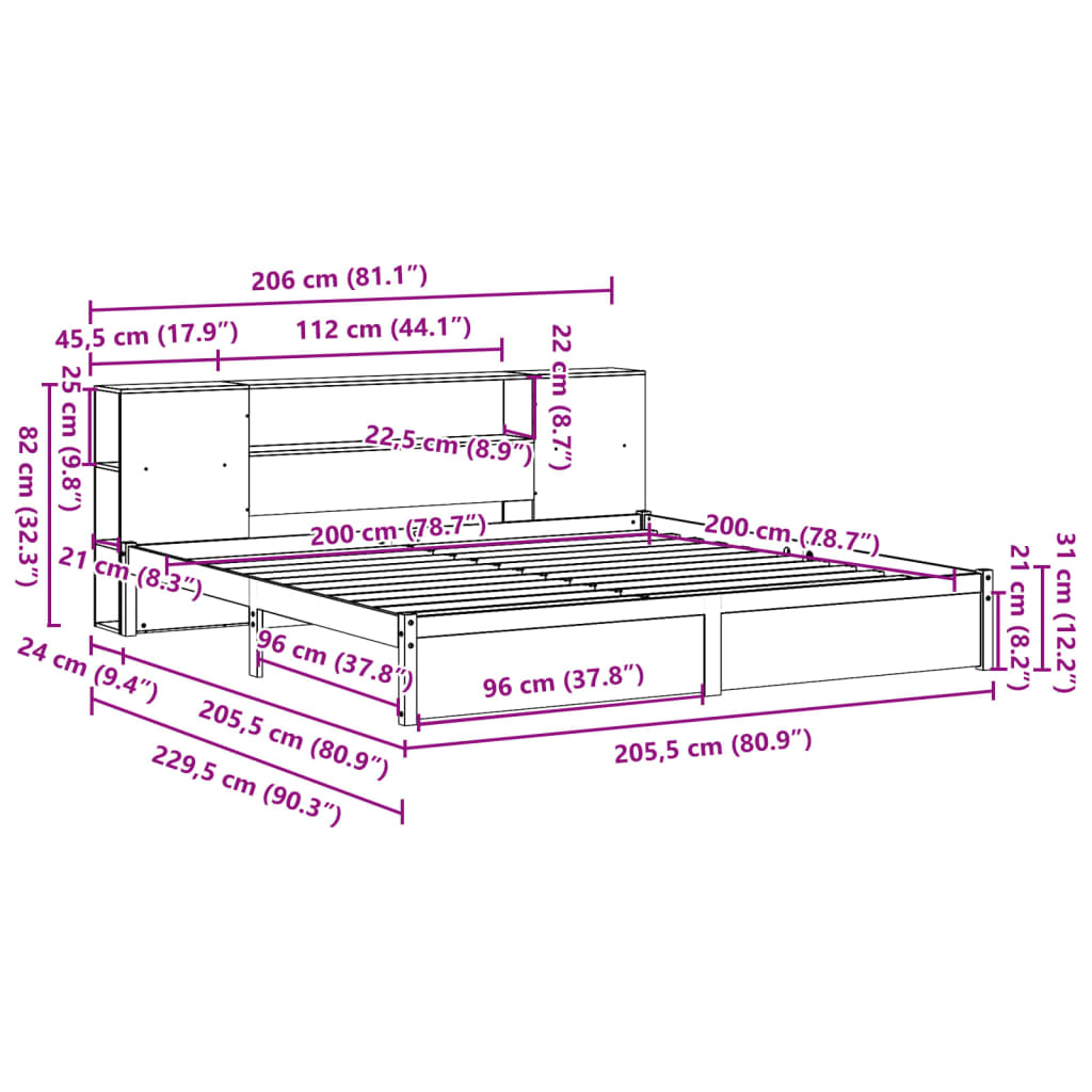 Bed met boekenkast zonder matras grenenhout wit 200x200 cm