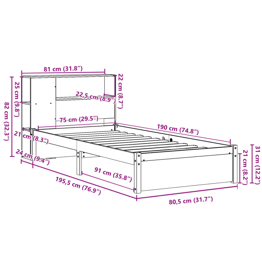 Bed met boekenkast zonder matras grenenhout wit 75x190 cm