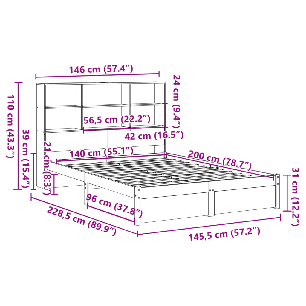 Bed met boekenkast zonder matras massief grenenhout 140x200 cm