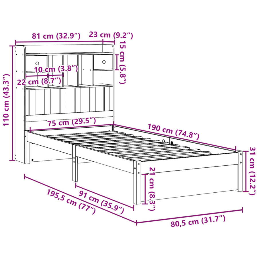 Bed met boekenkast zonder matras massief grenenhout 75x190 cm