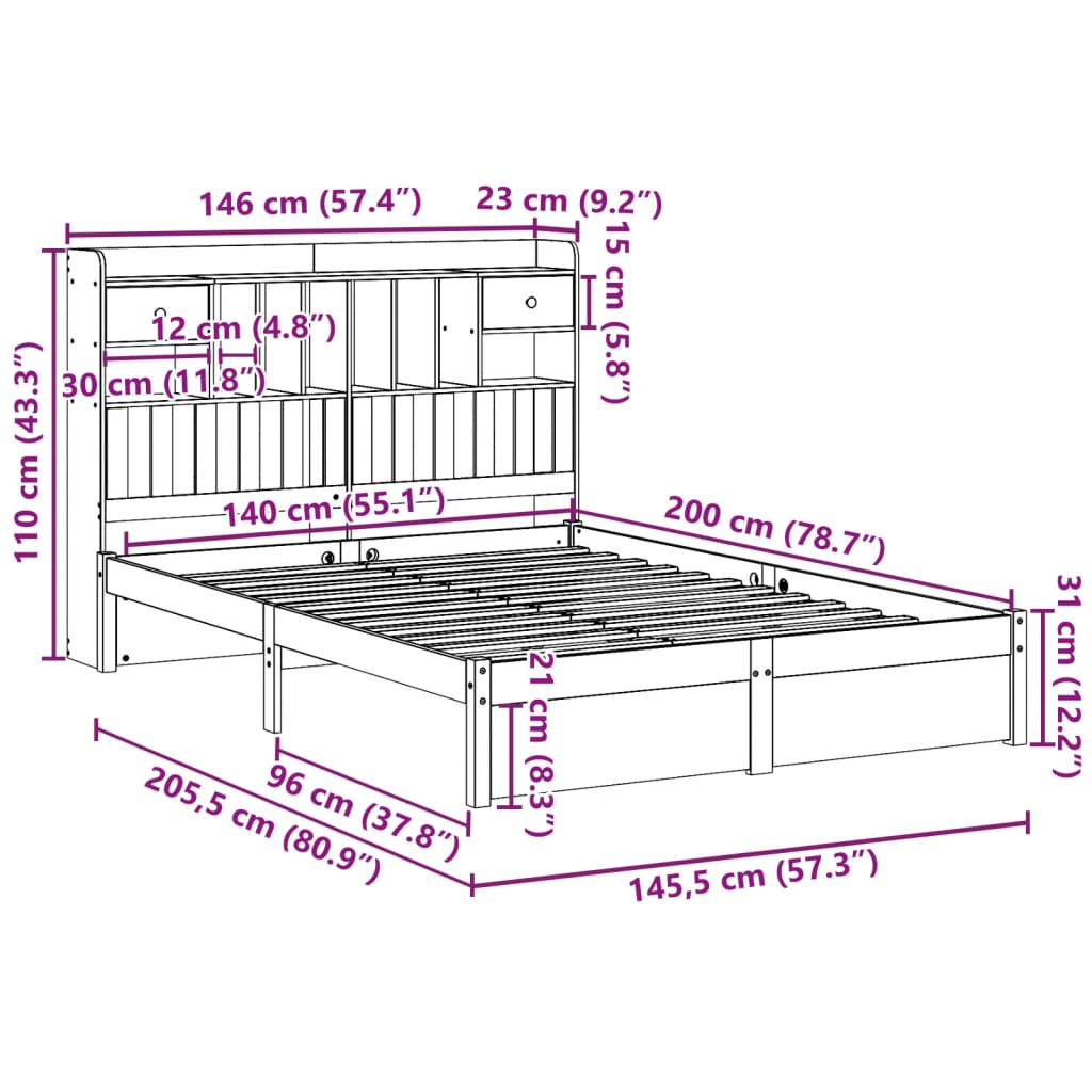 Bed met boekenkast zonder matras massief grenenhout 140x200 cm