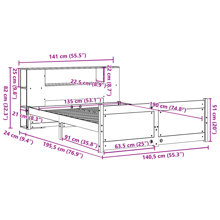 Bed met boekenkast zonder matras massief grenenhout 135x190 cm