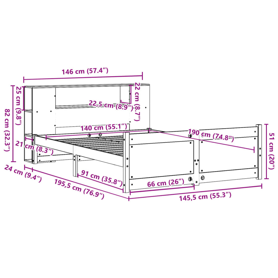 Bed Met Boekenkast Zonder Matras Grenenhout 140 x 190 cm Wit