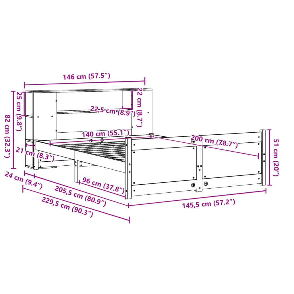 Bed met boekenkast zonder matras massief grenenhout 140x200 cm
