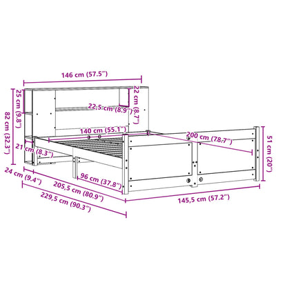 Bed met boekenkast zonder matras massief grenenhout 140x200 cm