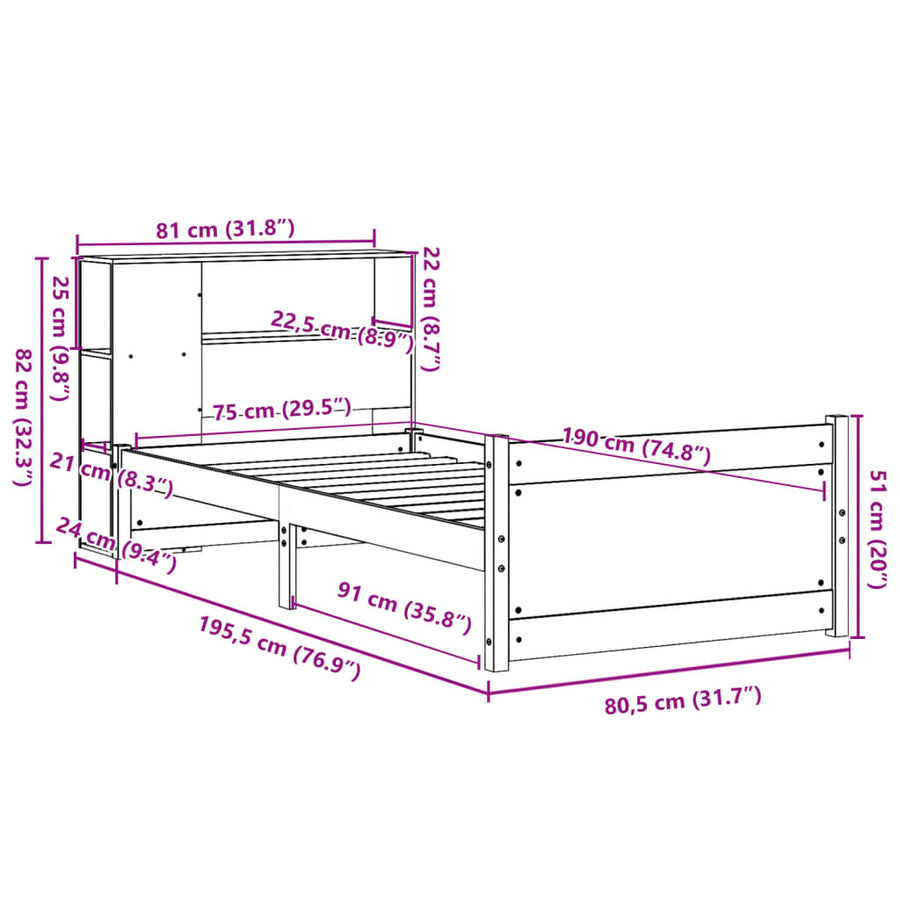 Bed met boekenkast zonder matras massief grenenhout 75x190 cm