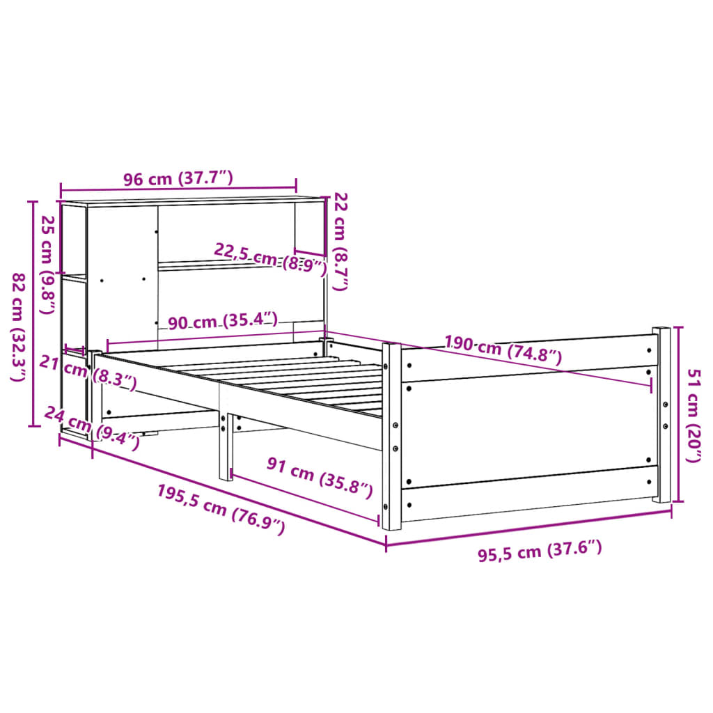 Bed met boekenkast zonder matras grenenhout wit 90x190 cm