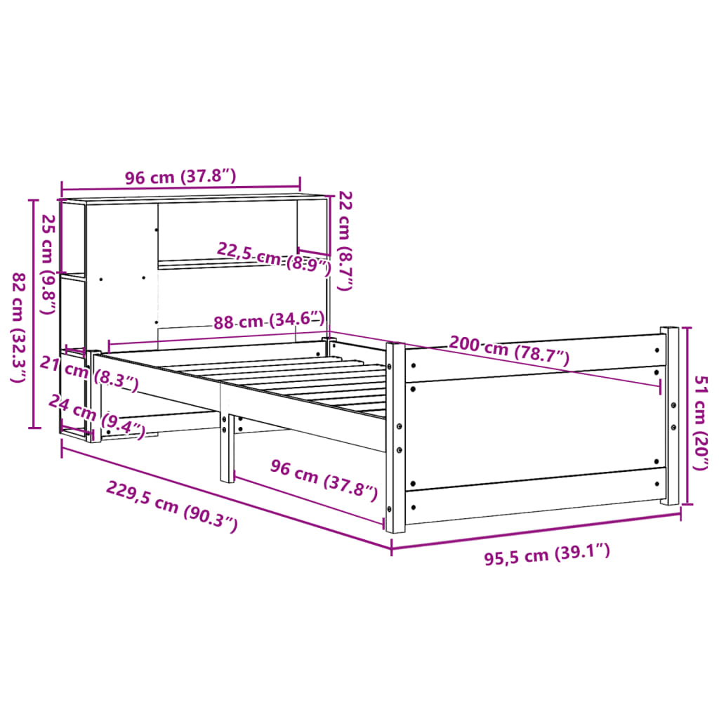 Bed met boekenkast zonder matras grenenhout wit 90x200 cm