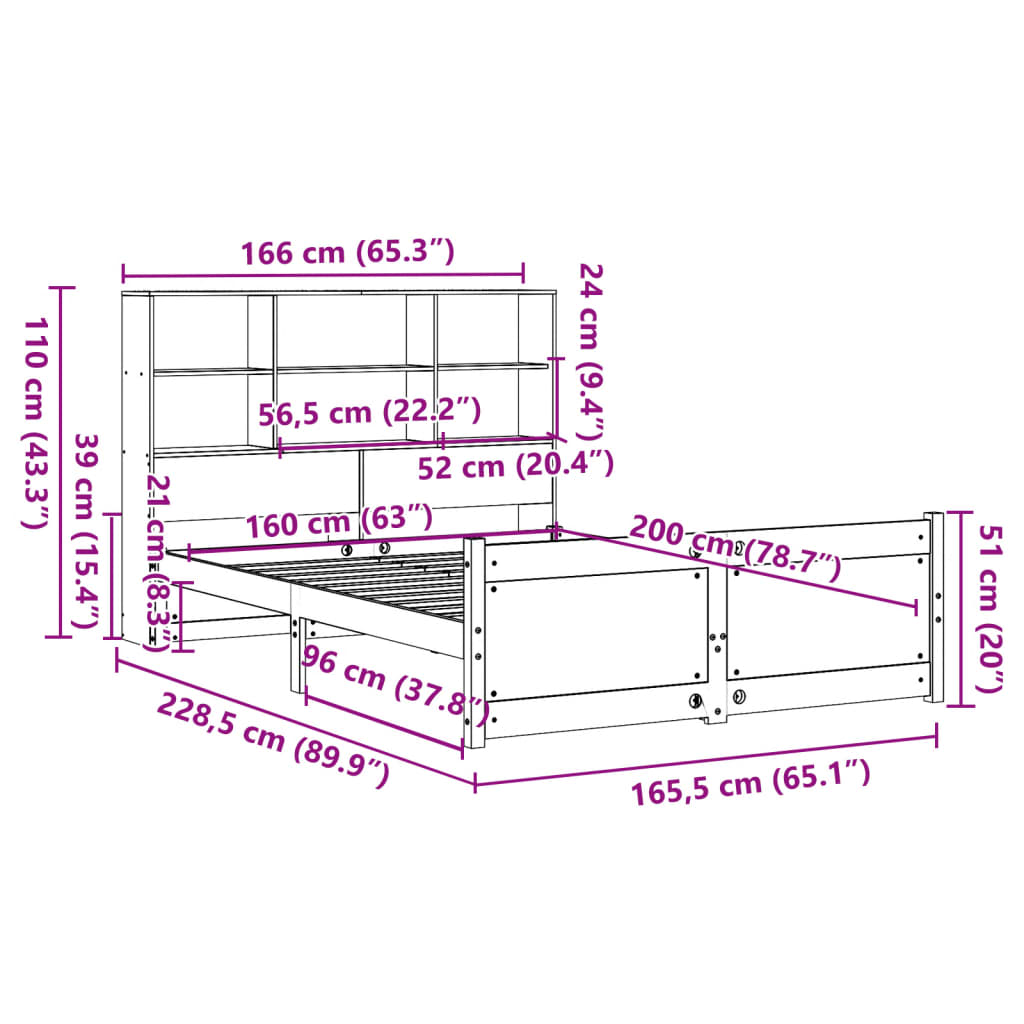 Bed met boekenkast zonder matras massief grenenhout 160x200 cm