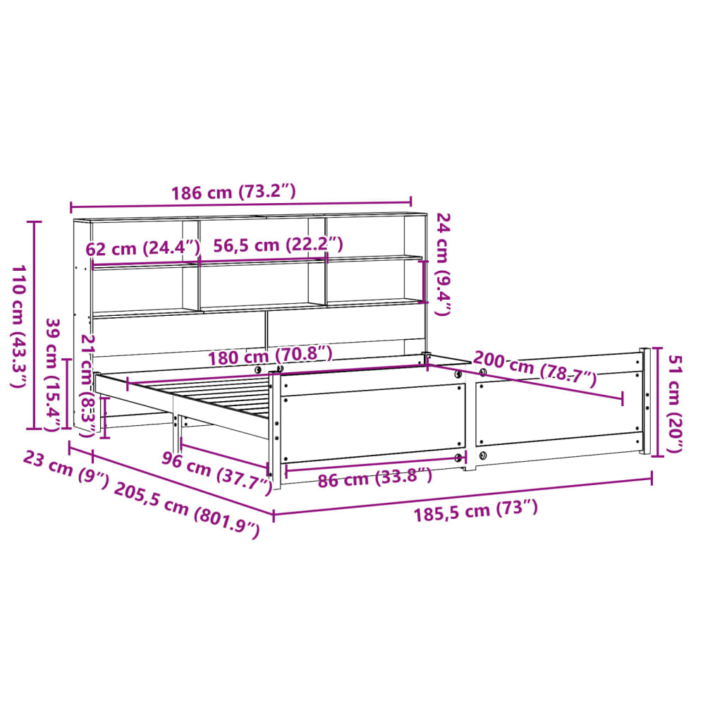 Bed Met Boekenkast Zonder Matras Massief Grenenhout 180 x 200 cm Naturel