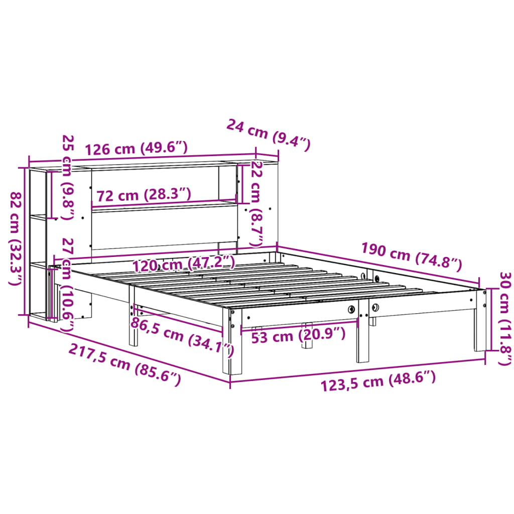 Bed met boekenkast zonder matras grenenhout wit 120x190 cm