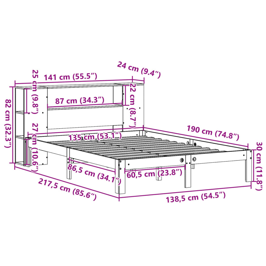 Bed met boekenkast zonder matras grenenhout wit 135x190 cm