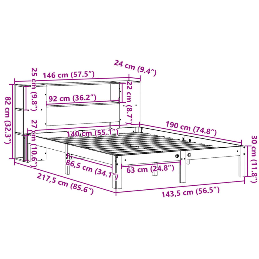 Bed met boekenkast zonder matras grenenhout wit 140x190 cm