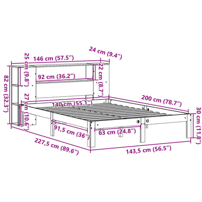 Bed met boekenkast zonder matras massief grenenhout 140x200 cm