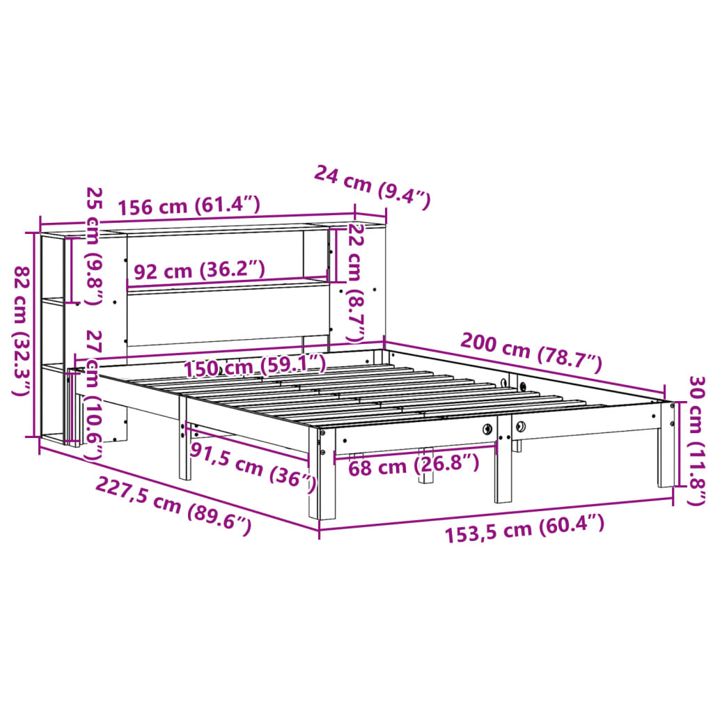 Bed met boekenkast zonder matras grenenhout wit 150x200 cm