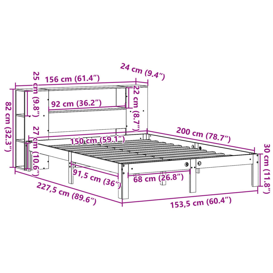 Bed met boekenkast zonder matras grenenhout wit 150x200 cm