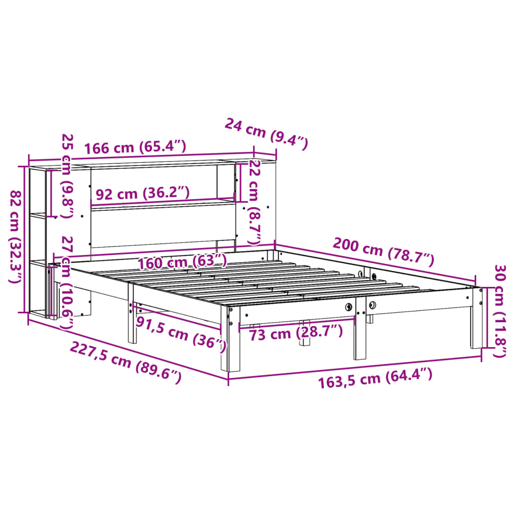 Bed met boekenkast zonder matras grenenhout wit 160x200 cm
