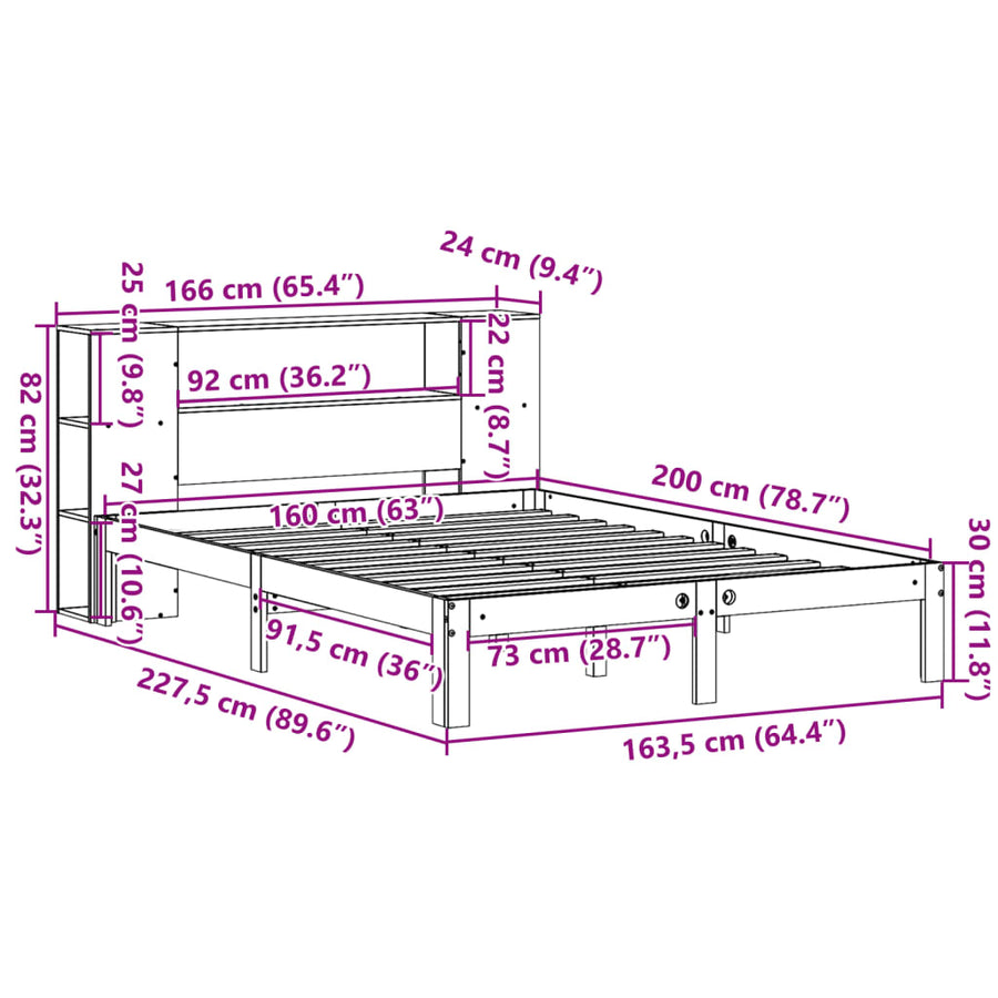 Bed met boekenkast zonder matras grenenhout wit 160x200 cm