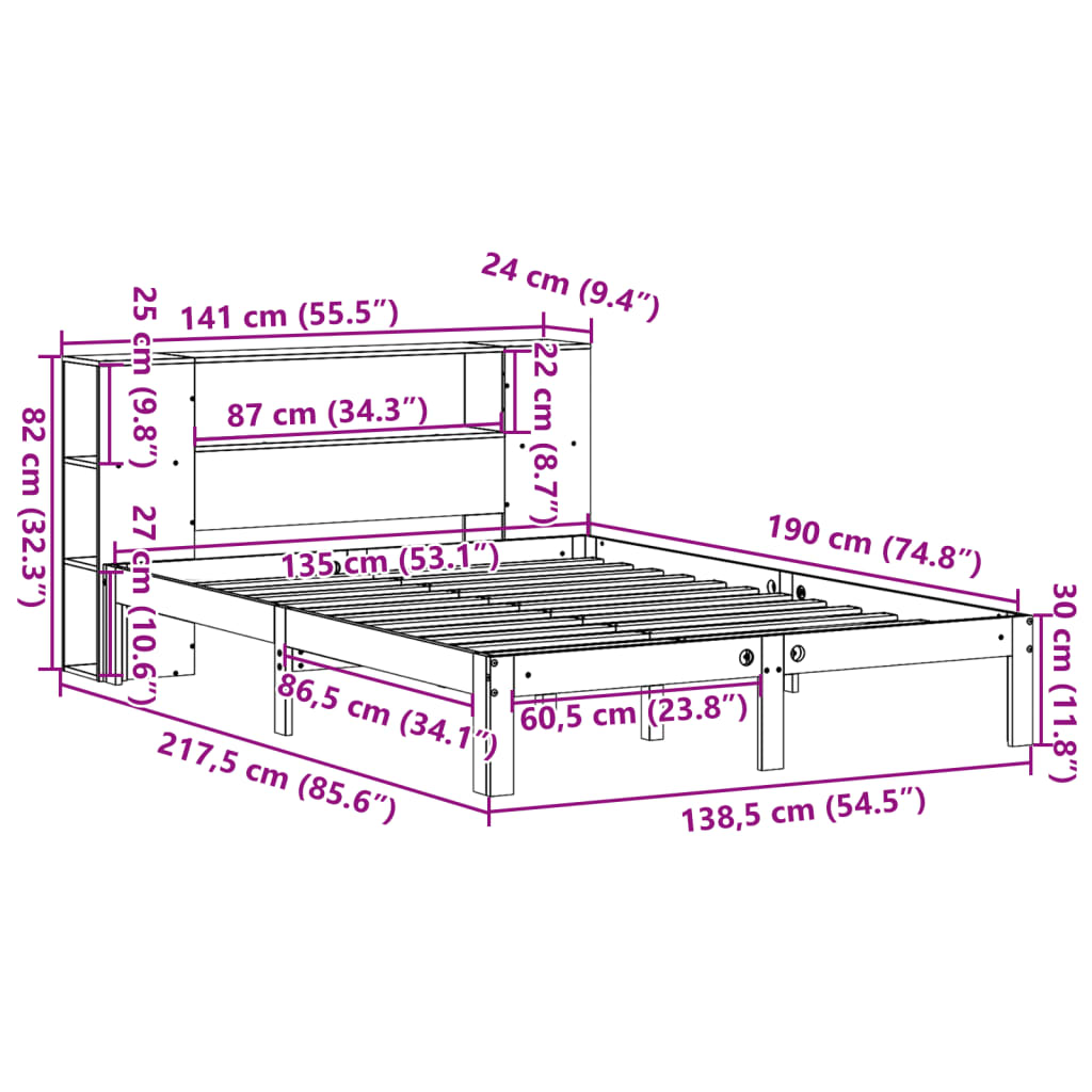 Bed met boekenkast zonder matras grenenhout wasbruin 135x190 cm