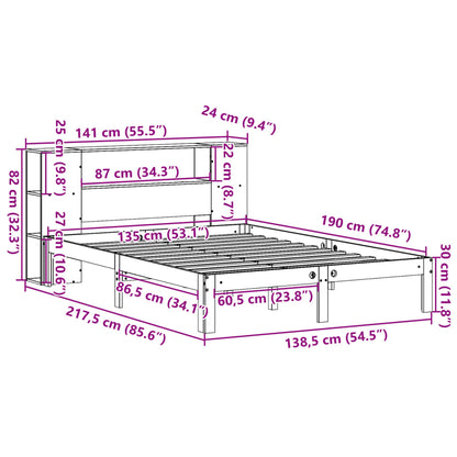 Bed met boekenkast zonder matras grenenhout wasbruin 135x190 cm