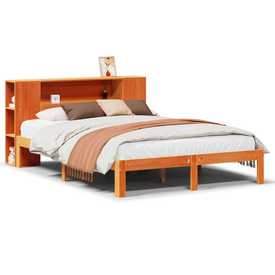 Bed met boekenkast zonder matras grenenhout wasbruin 140x190 cm
