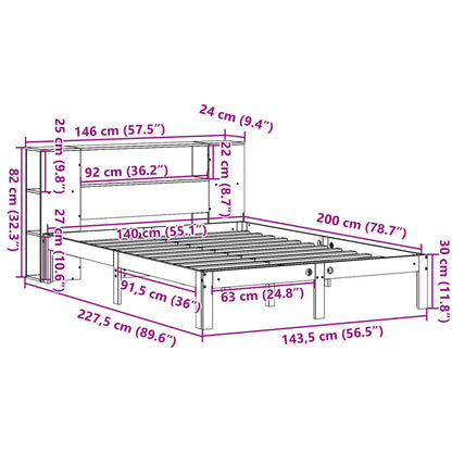 Bed met boekenkast zonder matras grenenhout wasbruin 140x200 cm
