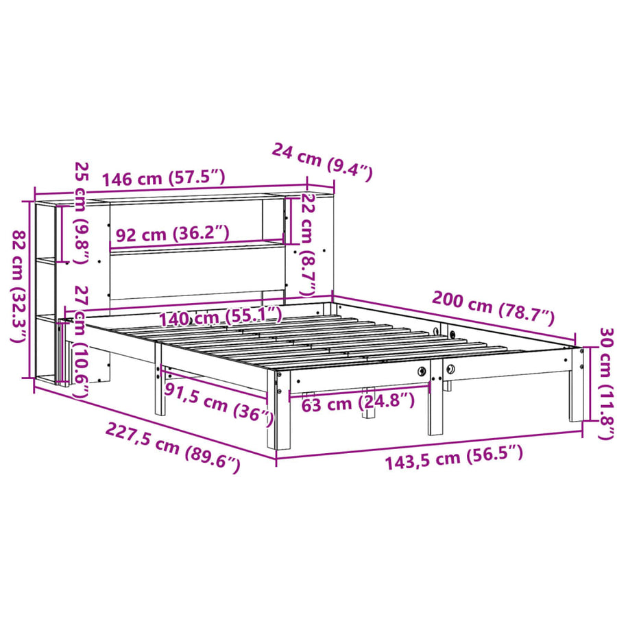 Bed met boekenkast zonder matras grenenhout wasbruin 140x200 cm