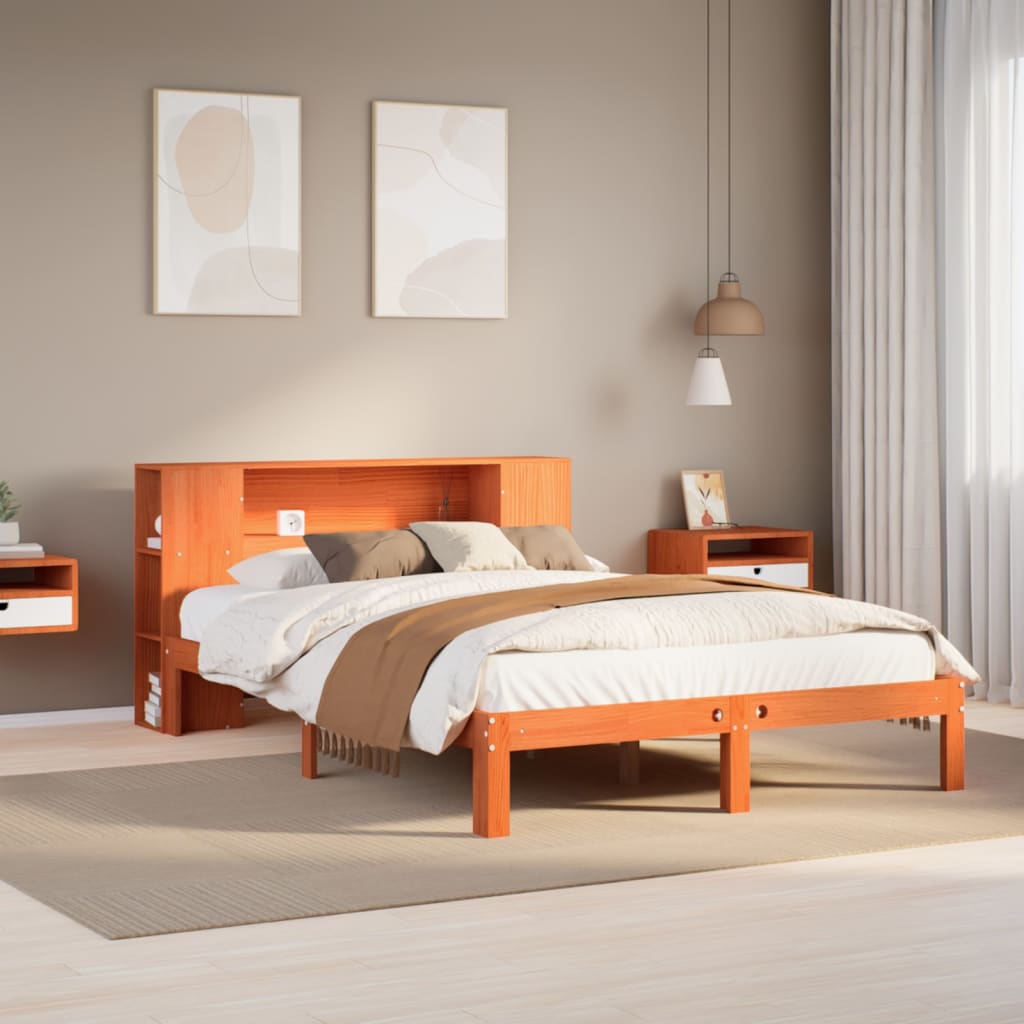 Bed met boekenkast zonder matras grenenhout wasbruin 140x200 cm