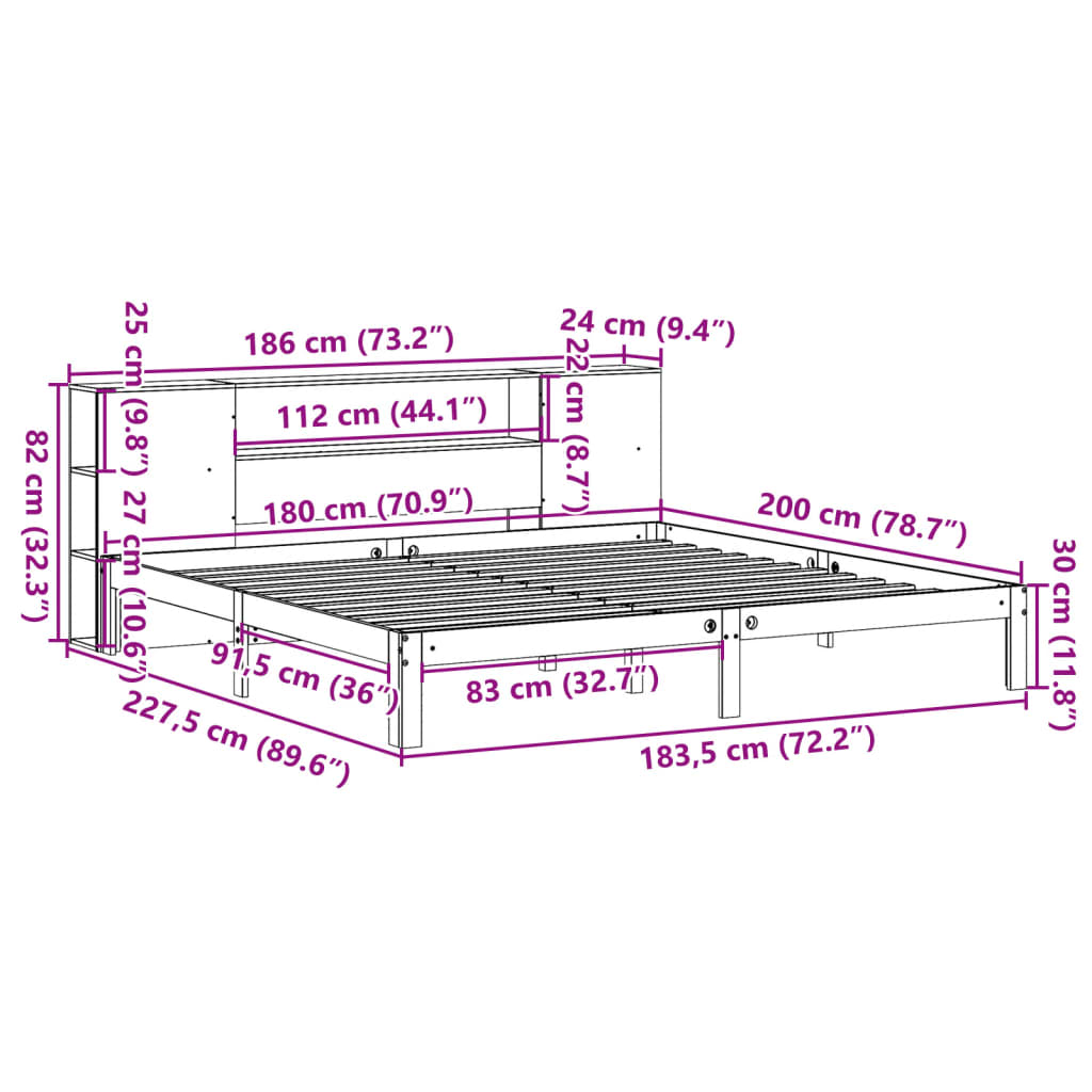 Bed met boekenkast zonder matras grenenhout wasbruin 180x200 cm