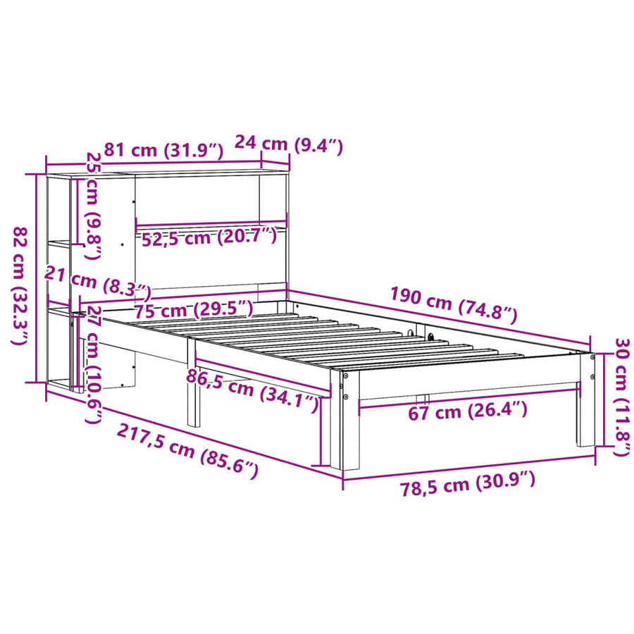 Bed met boekenkast zonder matras grenenhout wit 75x190 cm