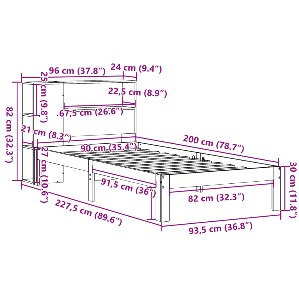 Bed met boekenkast zonder matras massief grenenhout 90x200 cm