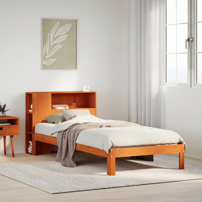 Bed met boekenkast zonder matras grenenhout wasbruin 75x190 cm