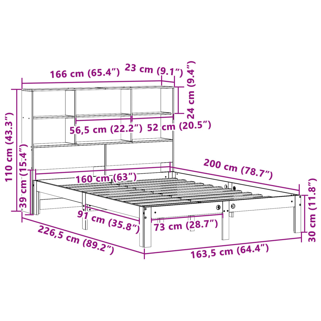 Bed met boekenkast zonder matras grenenhout wit 160x200 cm