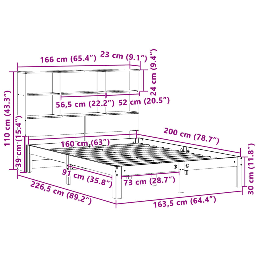 Bed met boekenkast zonder matras grenenhout wit 160x200 cm