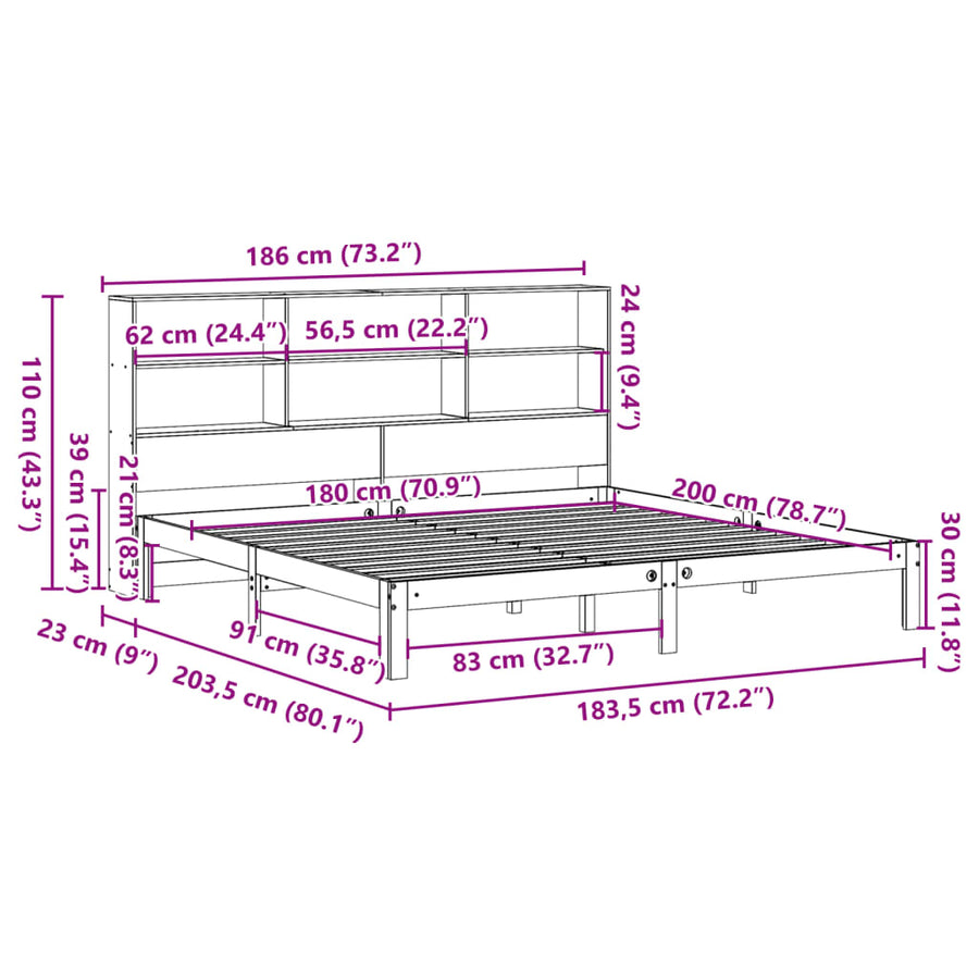 Bed met boekenkast zonder matras grenenhout wit 180x200 cm