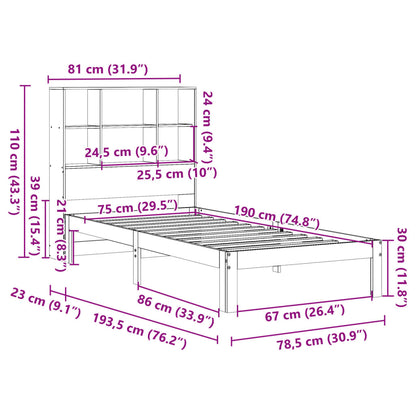 Bed met boekenkast zonder matras grenenhout wasbruin 75x190 cm