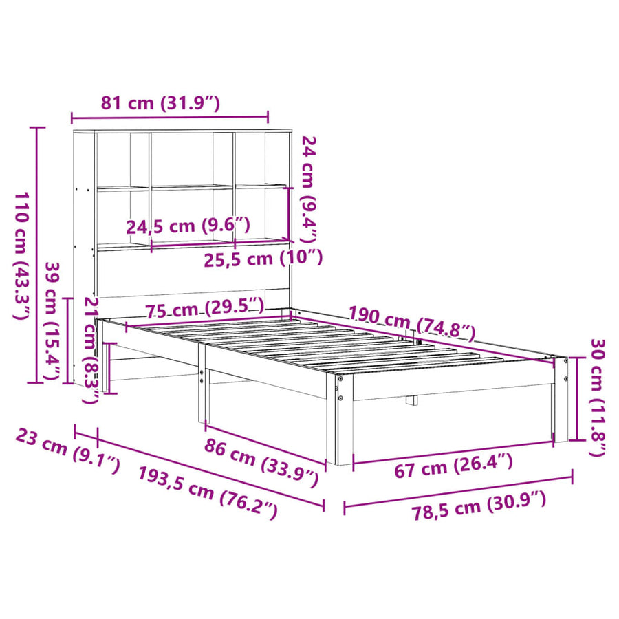 Bed met boekenkast zonder matras grenenhout wasbruin 75x190 cm