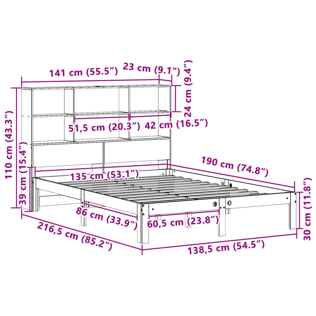 Bed met boekenkast zonder matras grenenhout wasbruin 135x190 cm