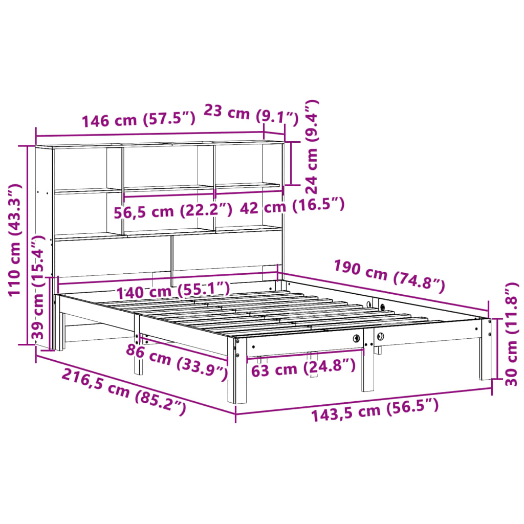 Bed met boekenkast zonder matras grenenhout wasbruin 140x190 cm