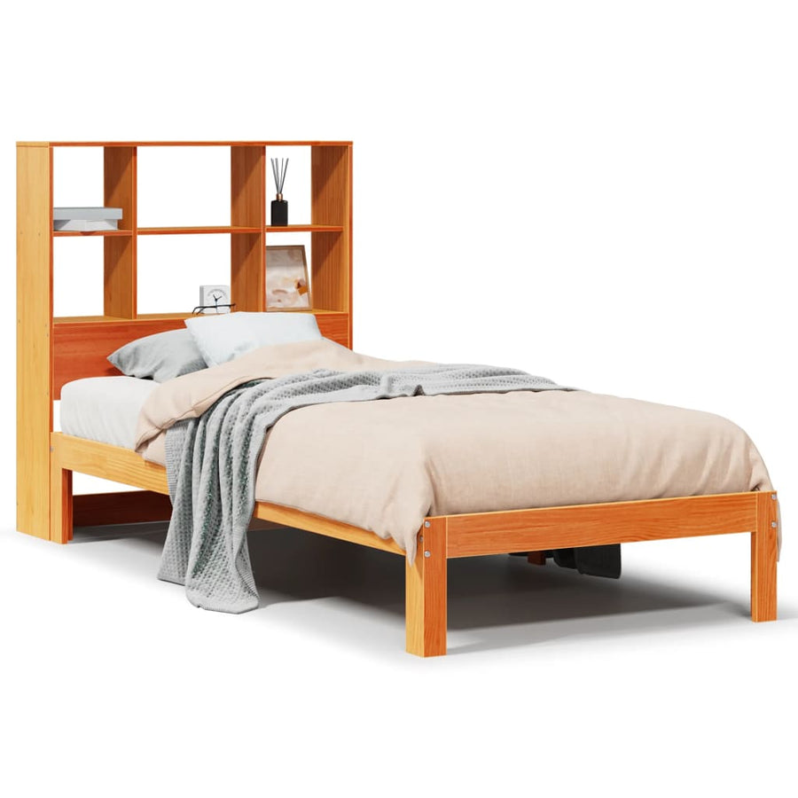 Bed met boekenkast zonder matras grenenhout wasbruin 100x200 cm