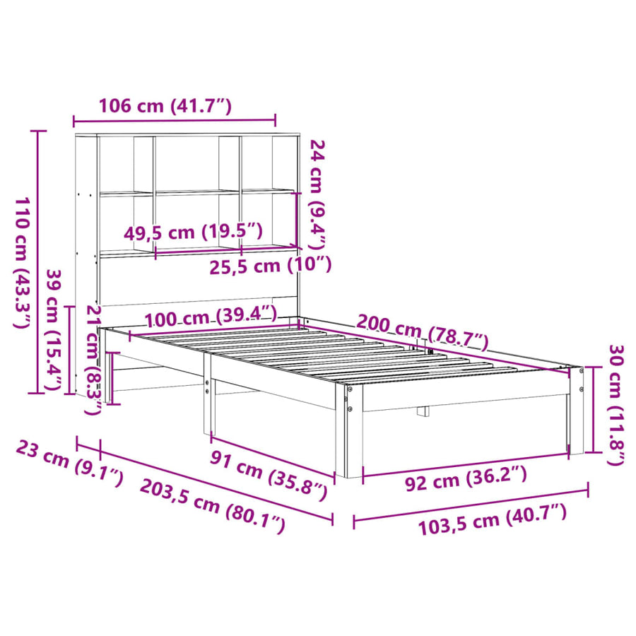 Bed met boekenkast zonder matras grenenhout wasbruin 100x200 cm