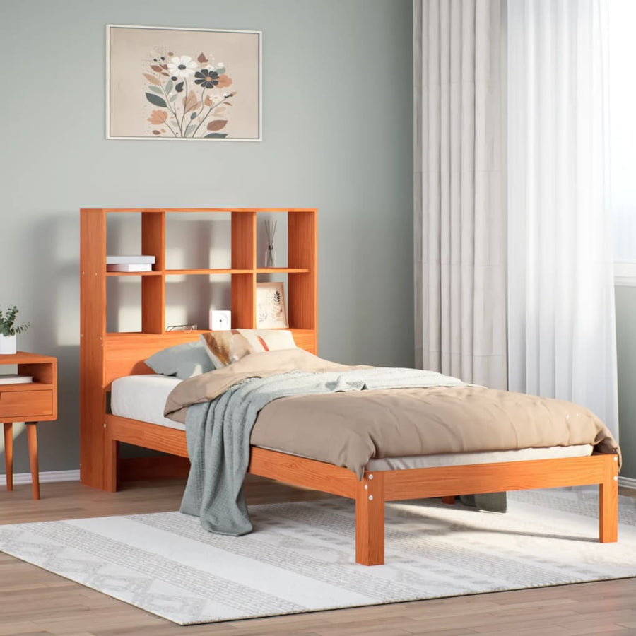 Bed met boekenkast zonder matras grenenhout wasbruin 100x200 cm